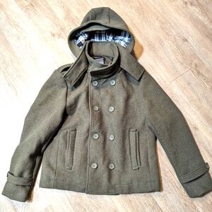 Mens Projek Raw wool blend button front army green peasant pea coat size XL